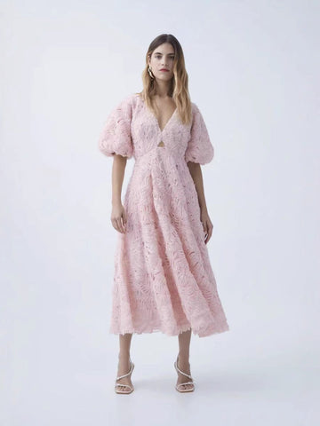 2025 Spring New V-Neck Bubble Sleeve Hollow Solid Color Dress Dress Woman